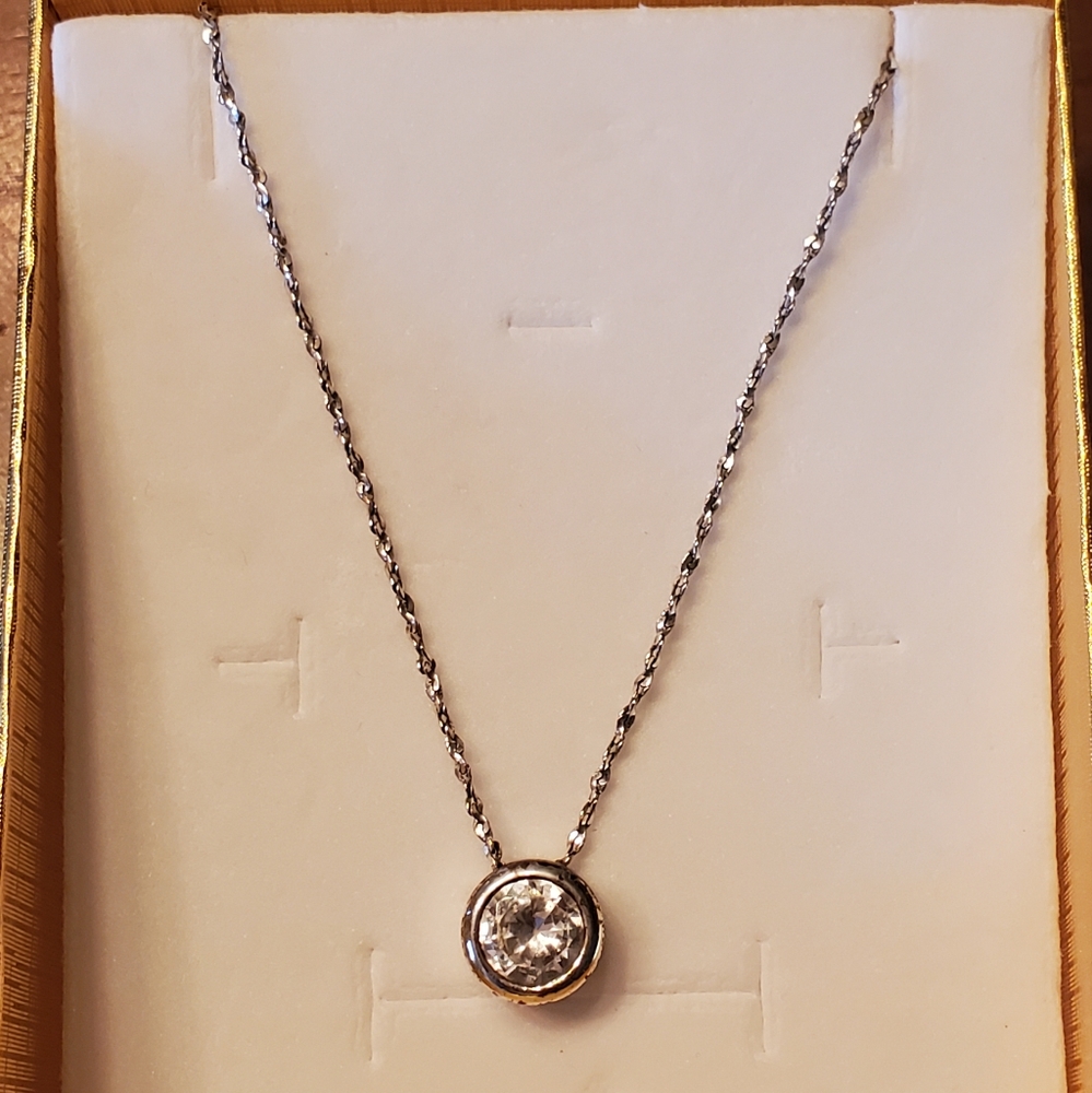 Avon Silver Tone CZ Bezel Solitaire Necklace